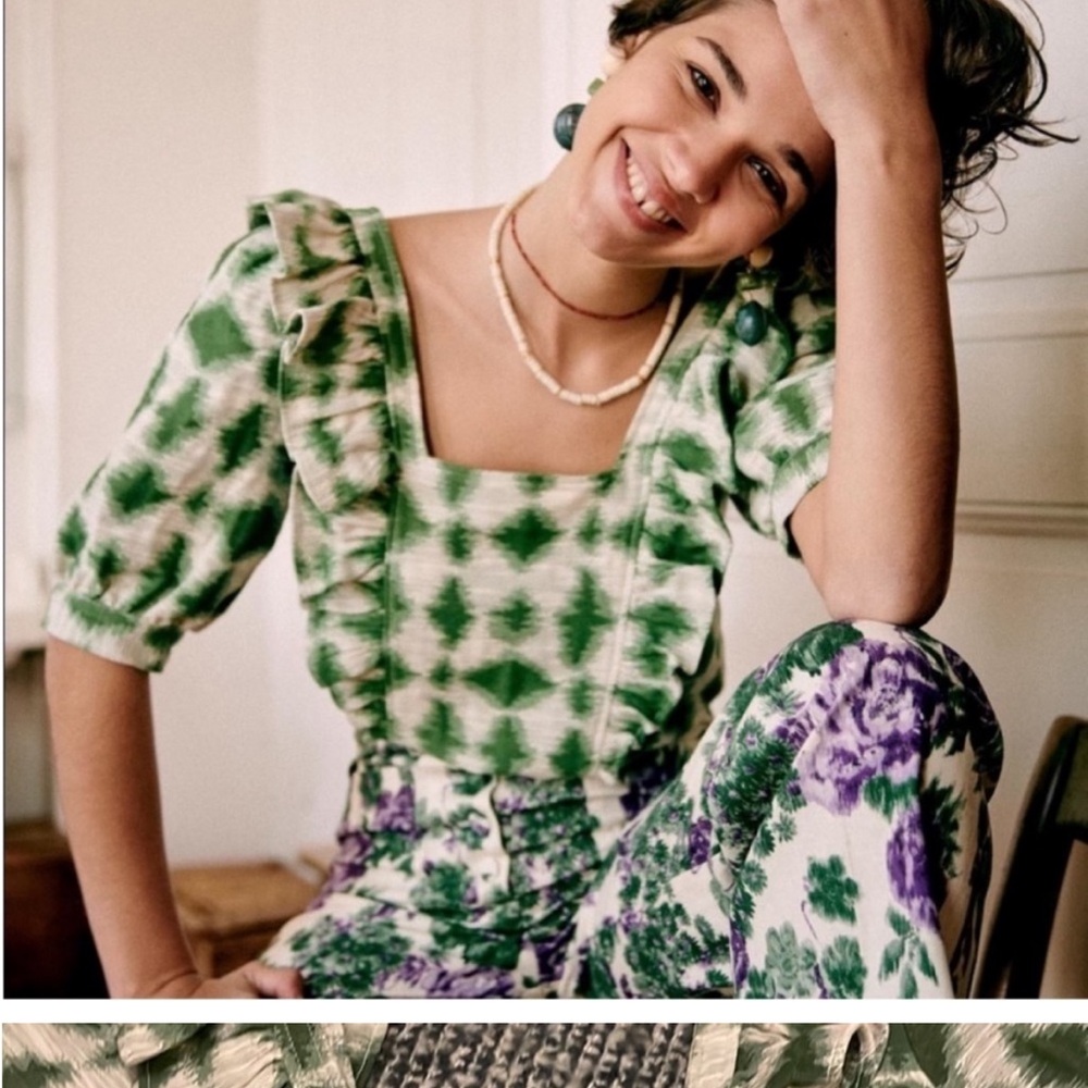 Sezane Green and White Blouse